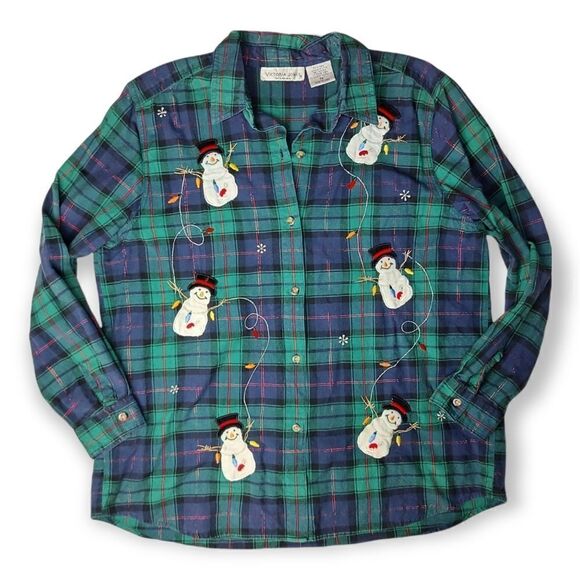 Vintage Victoria Jones Plaid Button Down – Blue/Green Snowman Print - Picture 2 of 9